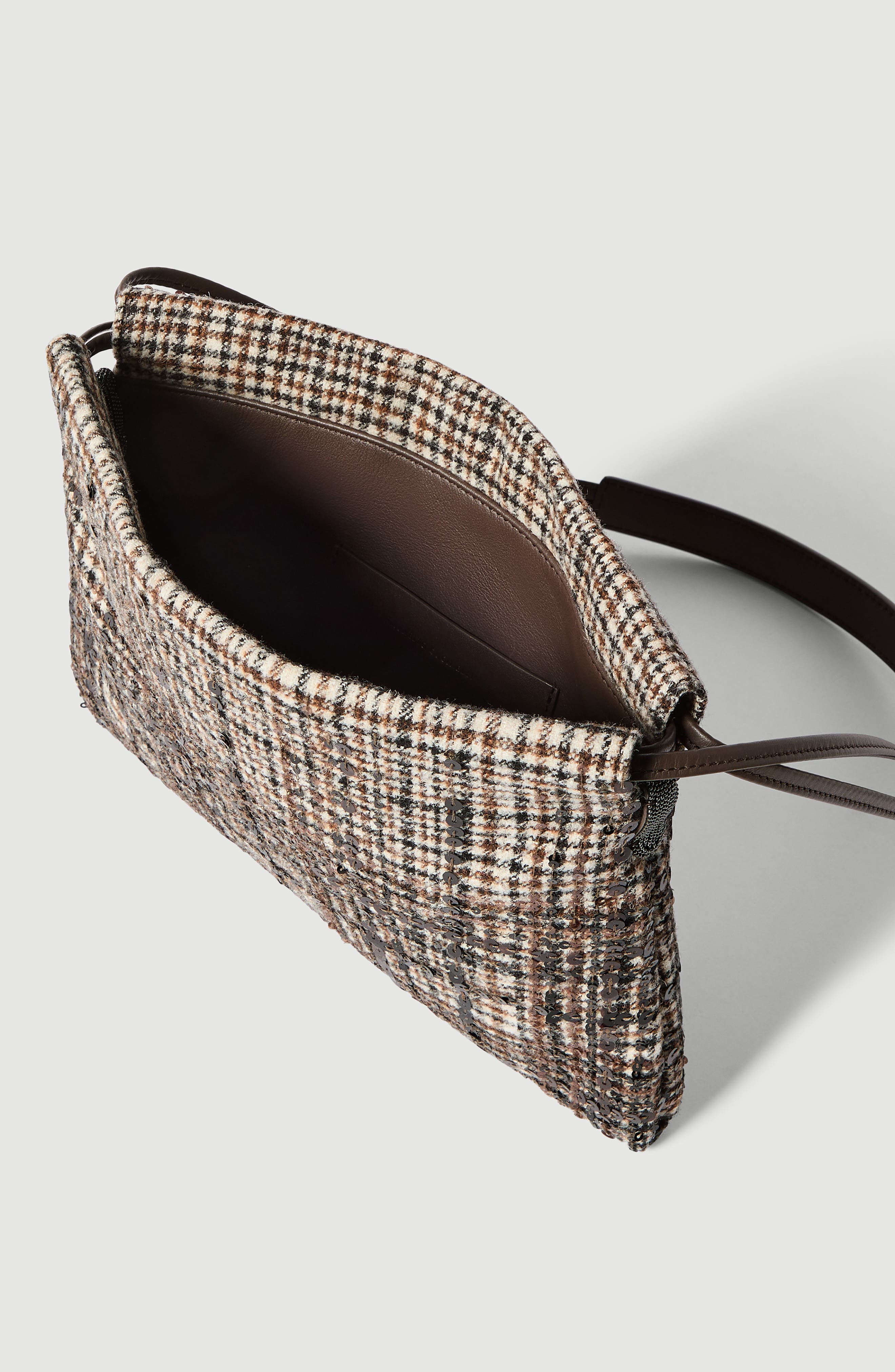 Pouch bag in water-resistant checked alpaca and wool with dazzling degradé embroidery, Alternate, color, Brown