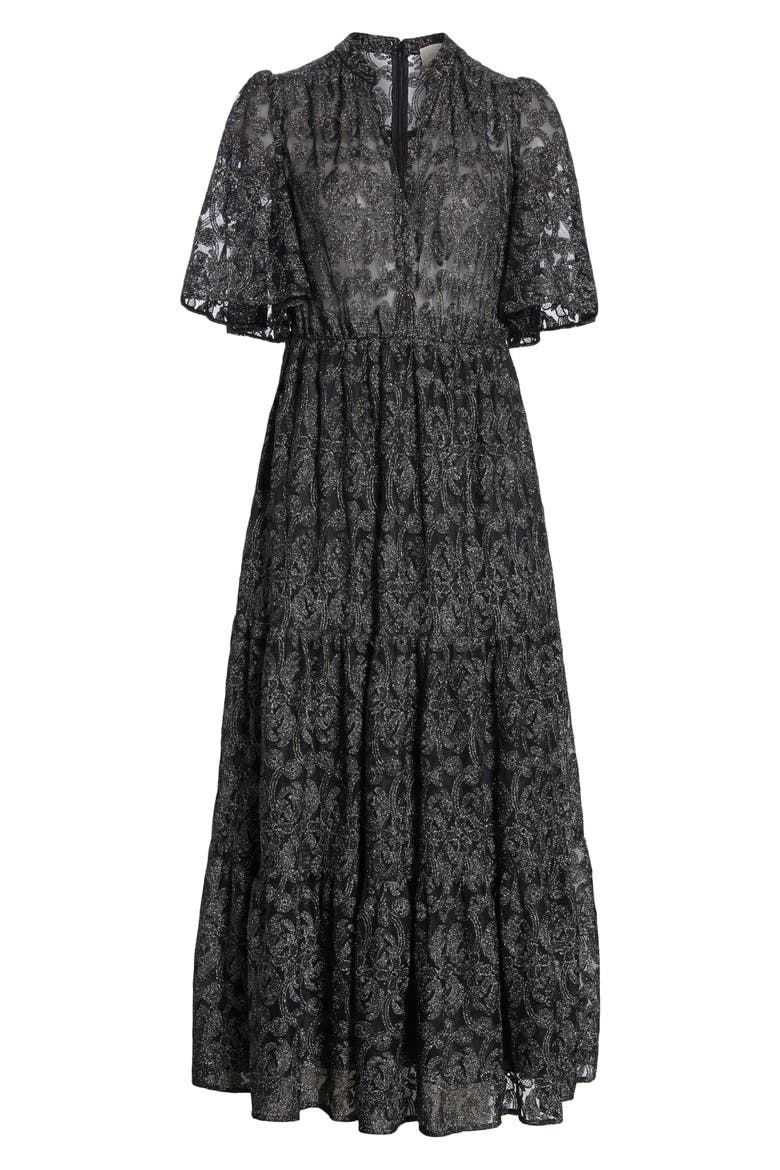 metallic embroidered midi dress, Alternate, color, BLACK