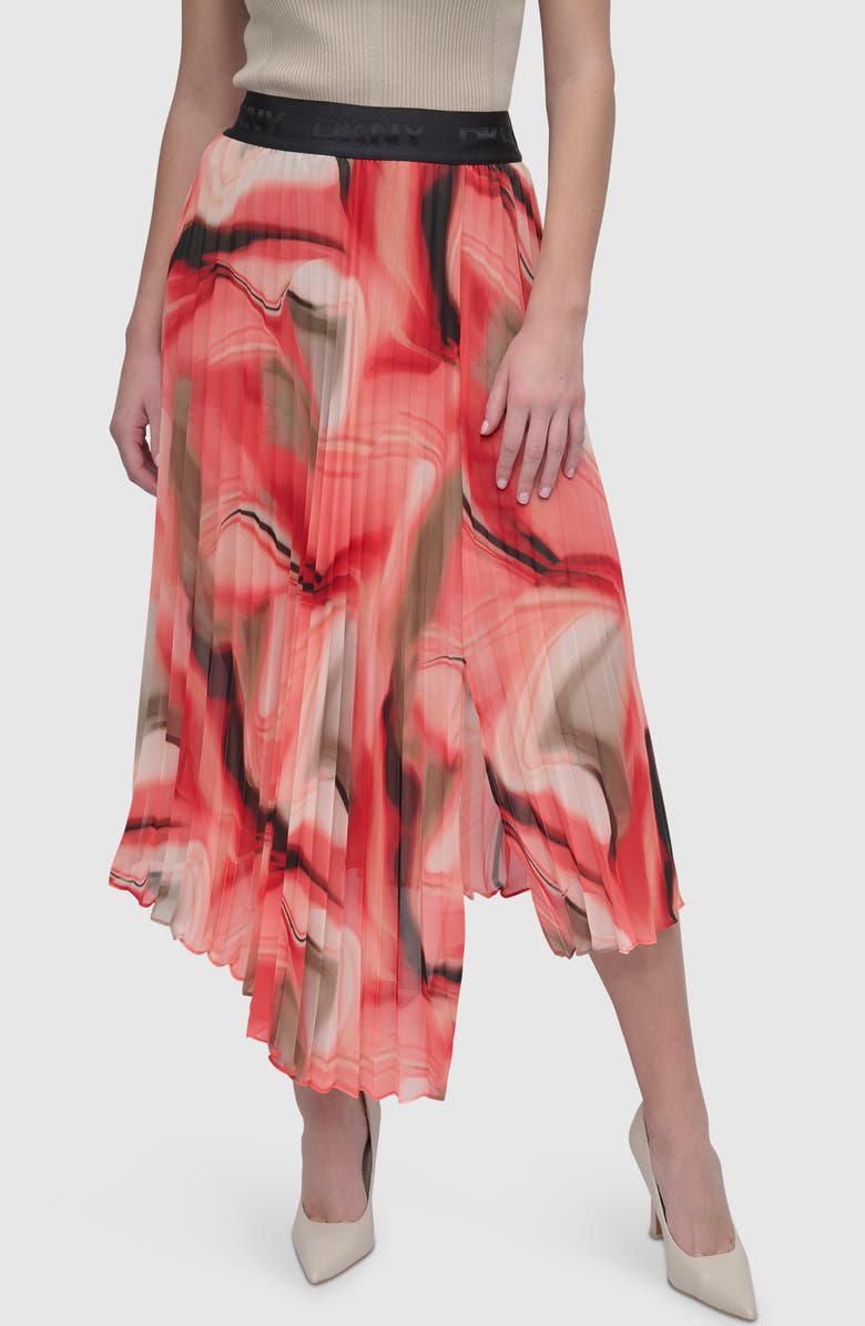 DKNY Print Pleated Asymmetric Midi Skirt, Main, color, Brushed Pink