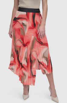 DKNY Print Pleated Asymmetric Midi Skirt