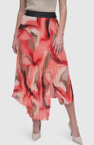 DKNY Print Pleated Asymmetric Midi Skirt