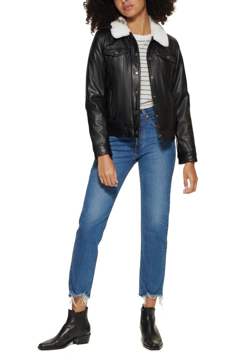Levi's<sup>®</sup> Faux Fur Collar Faux Leather Trucker Jacket, Alternate, color, 