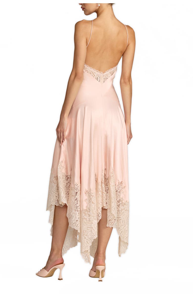 Mac Duggal Charmeuse Lace Detail Asymmetrical Hem Midi Dress, Alternate, color, Ballet Slipper