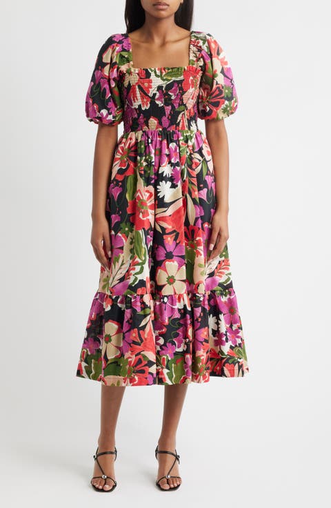 Puff Sleeve Smocked Bodice Cotton Sundress