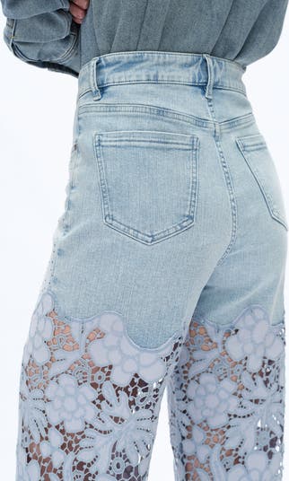 High Waist Crystal Embellished Lace Leg Jeans