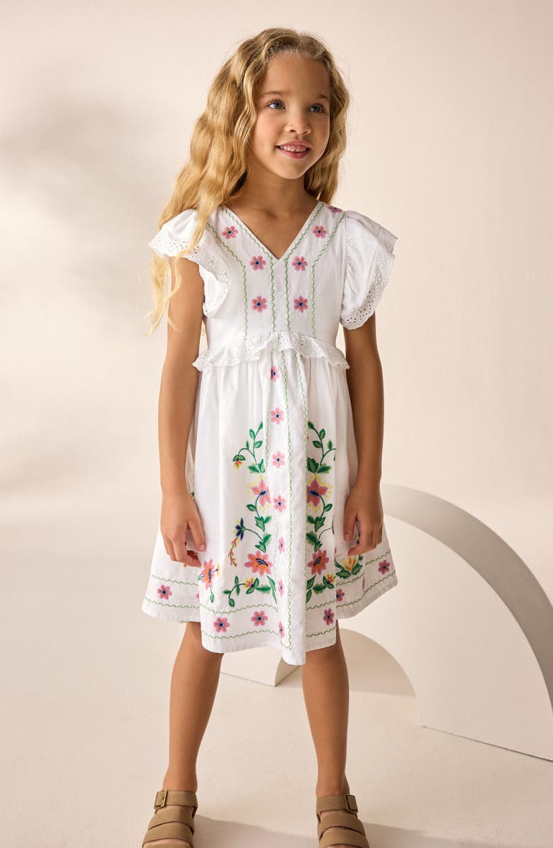NEXT Kids' Floral Embroidered Cotton Dress, Alternate, color, White