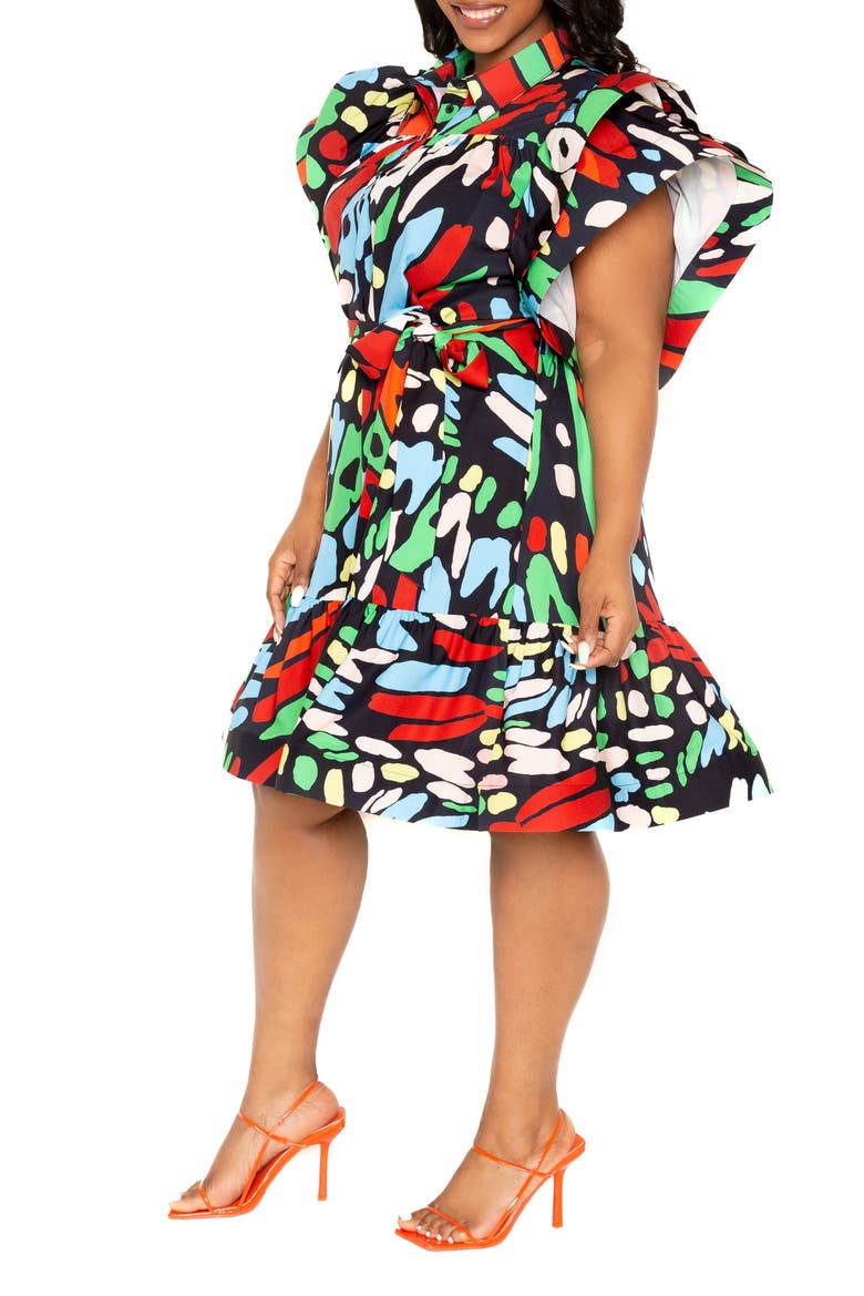 Butterfly Print Ruffle Tie Waist Dress, Alternate, color, BLUE MULTI