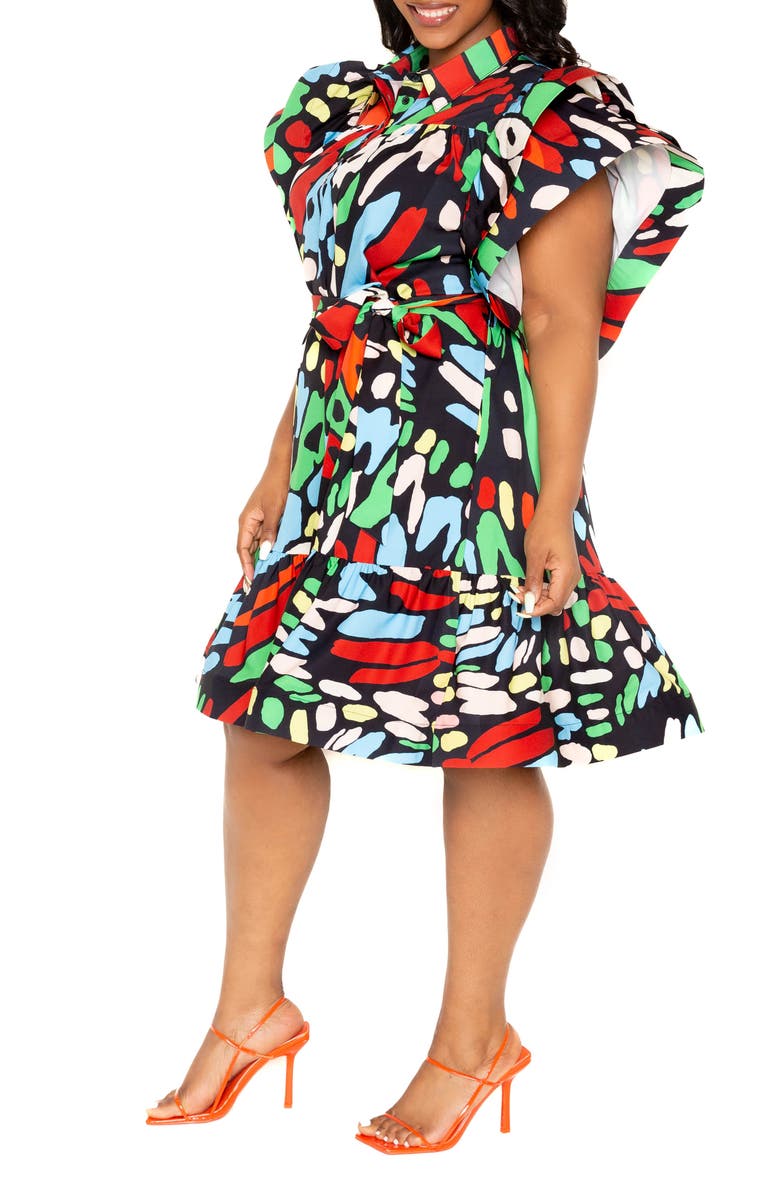 BUXOM COUTURE Butterfly Print Ruffle Tie Waist Dress, Alternate, color, 