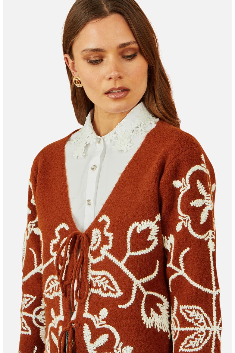 Folk Embroidered Tie Front Cardigan, Alternate, color, Brown