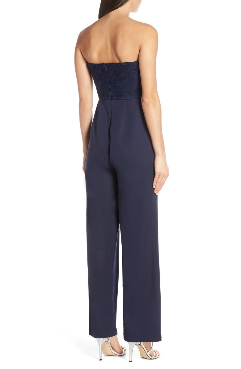 Chi Chi London Naomi Embroidered Bodice Strapless Jumpsuit, Alternate, color, 
