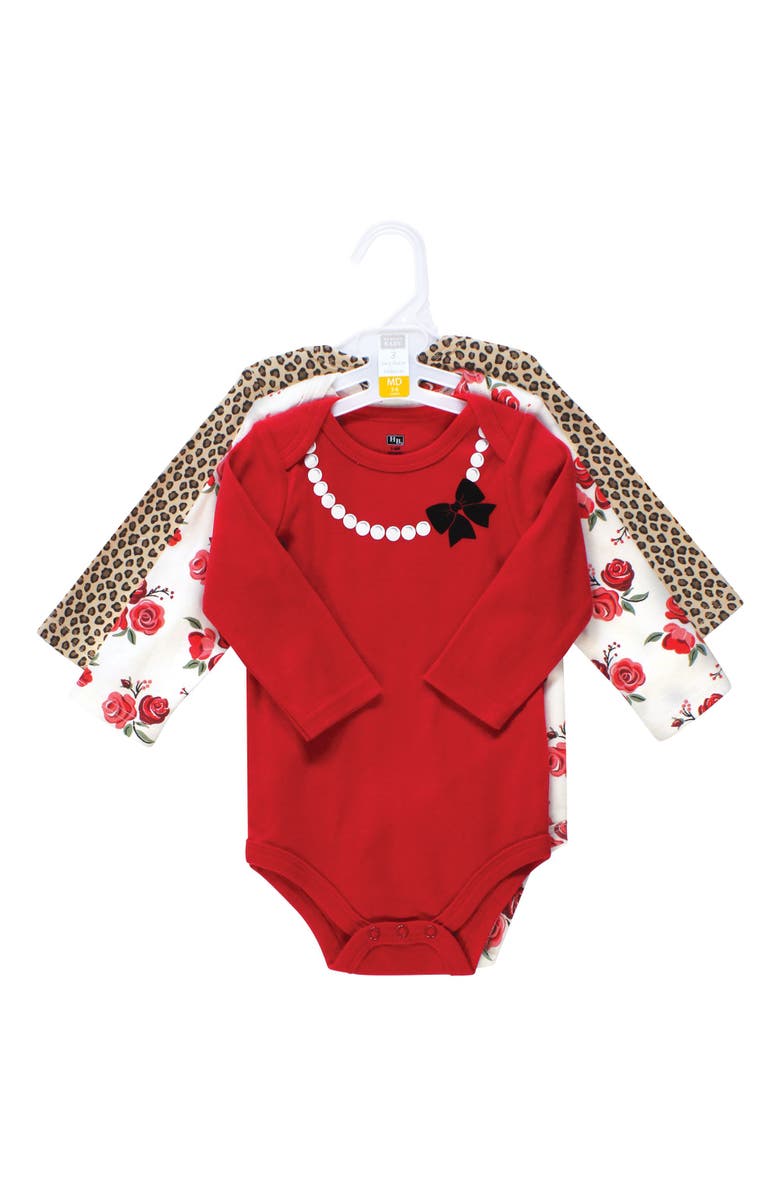 Hudson Baby Essential All-Cotton Long-Sleeve Bodysuit Three-Piece Pack, Alternate, color, Red Rose Leopard