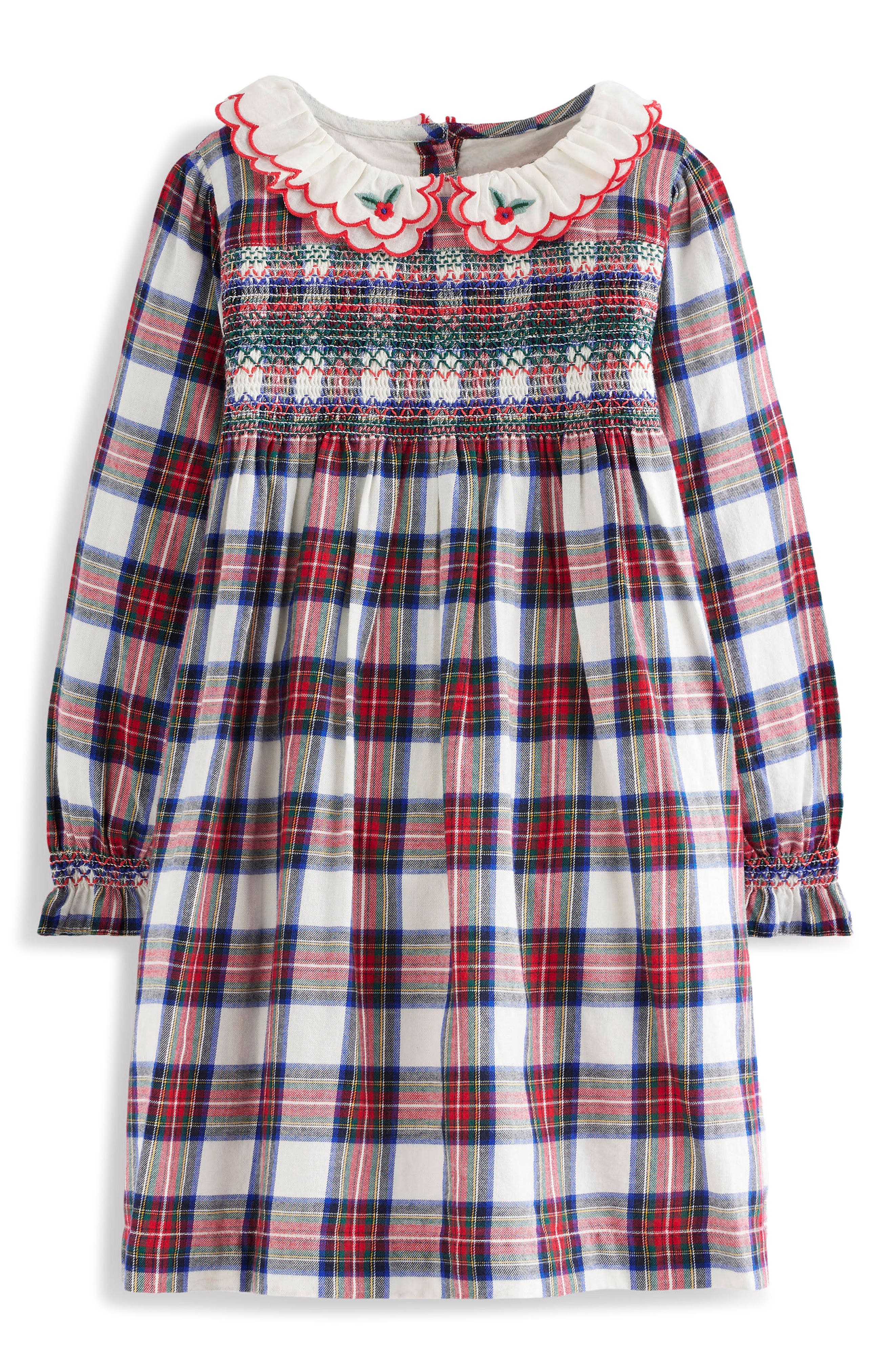 Kids' Plaid Smocked Bodice Long Sleeve Cotton Dress