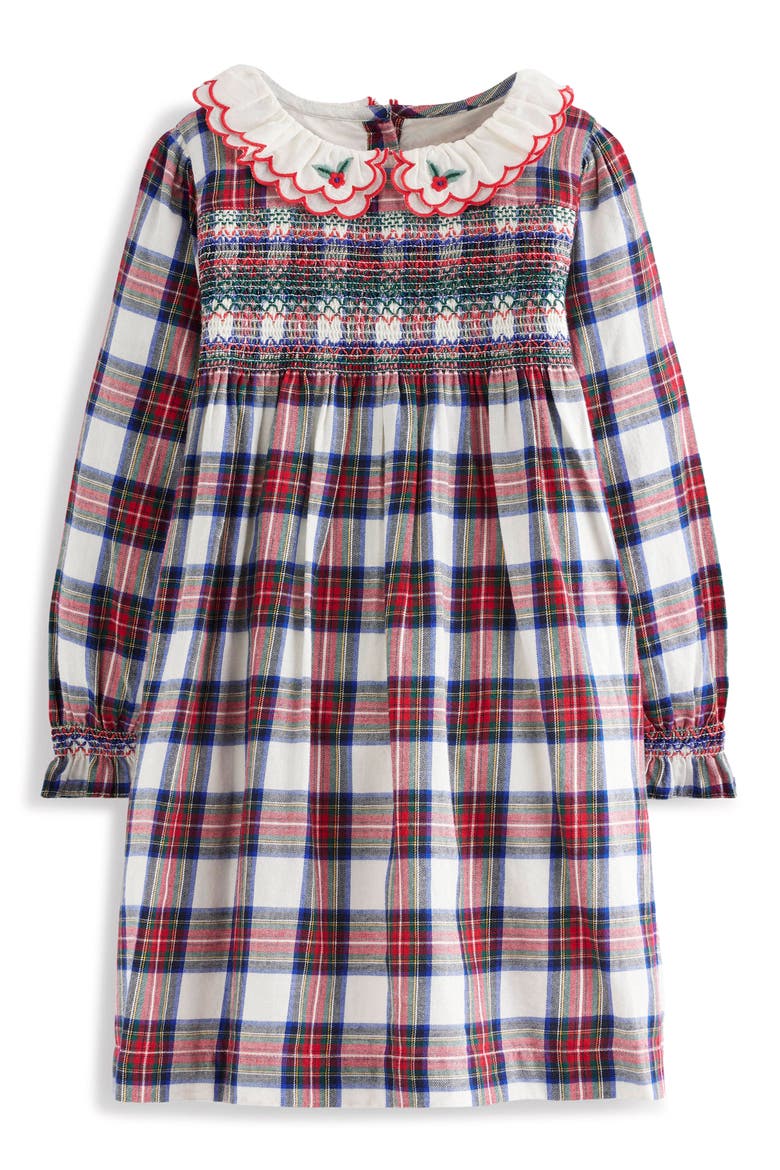 Kids' Plaid Smocked Bodice Long Sleeve Cotton Dress, Main, color, RED CHECK