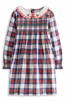 Kids' Plaid Smocked Bodice Long Sleeve Cotton Dress