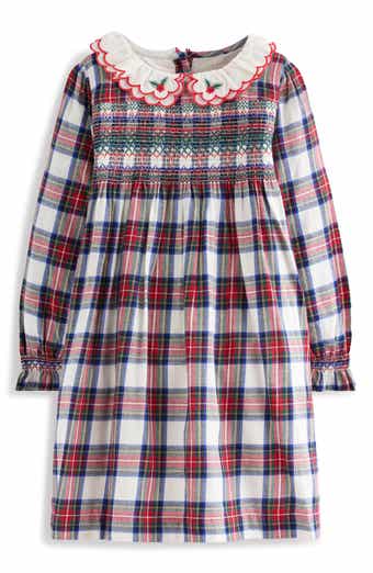 Kids' Plaid Smocked Bodice Long Sleeve Cotton Dress