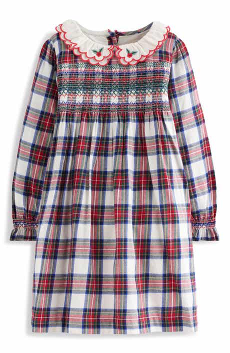 Kids' Plaid Smocked Bodice Long Sleeve Cotton Dress