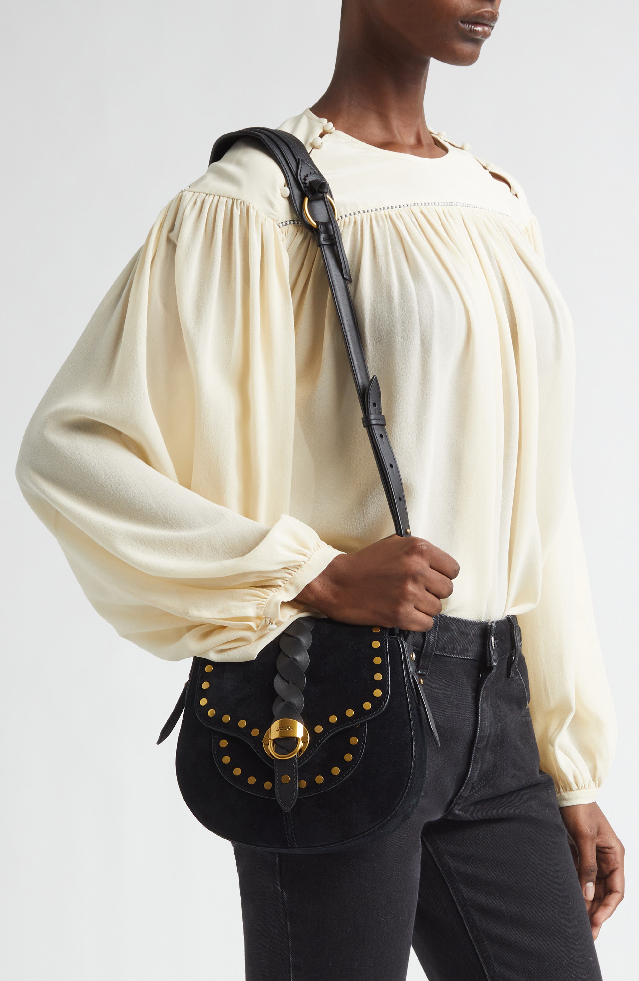 Small Altay Suede Shoulder Bag, Alternate, color, BLACK