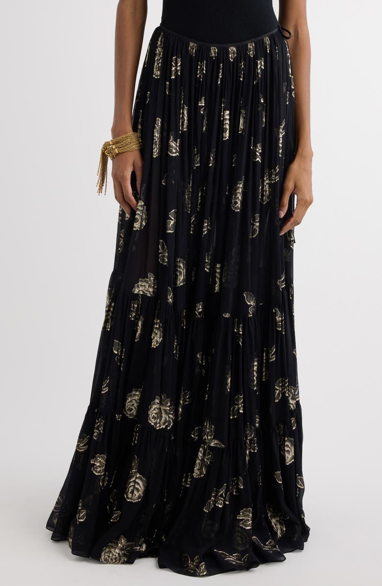 Chloé Rose Metallic Silk Fil Coupé Maxi Skirt, Main, color, 