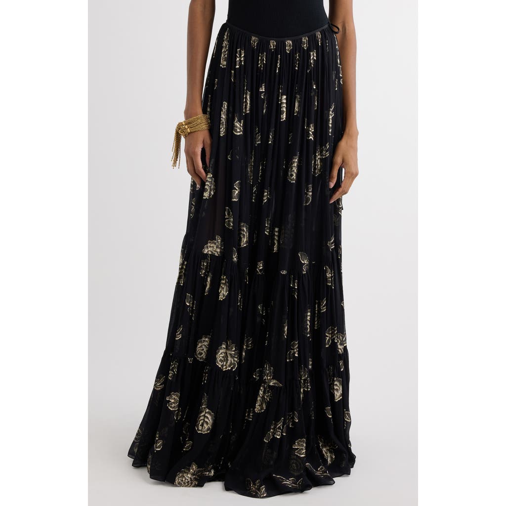 Shop Chloé Rose Metallic Silk Fil Coupé Maxi Skirt In Black