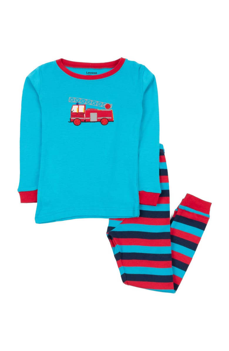 Leveret Kids Cotton Two-Piece Printed Pajamas, Vehicles & Machines, Alternate, color, Fire Truck With Stripes