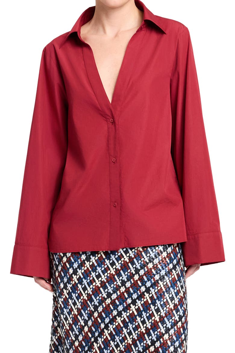 Deep V-Neck Cotton Button-Up Shirt, Main, color, KARANDA RED