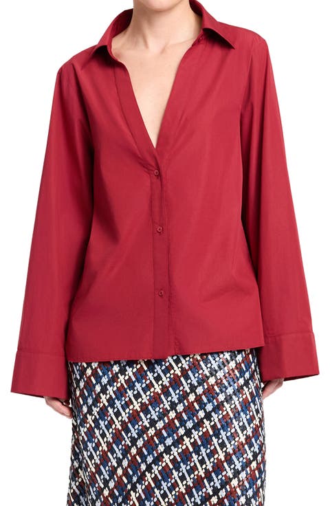 Deep V-Neck Cotton Button-Up Shirt