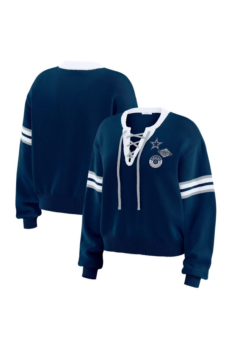 Women's WEAR by Erin Andrews Navy  Dallas Cowboys Lace-Up Sweater, Main, color, Navy