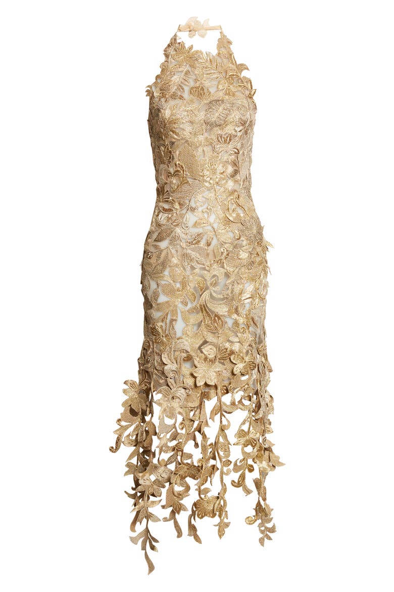 Floral Metallic Corded Lace Halter Cocktail Dress, Alternate, color, OYSTER