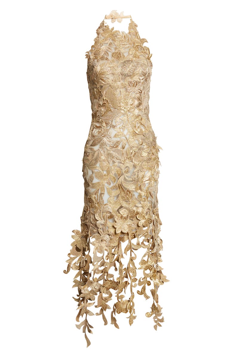 Oscar de la Renta Floral Metallic Corded Lace Halter Cocktail Dress, Alternate, color, Oyster