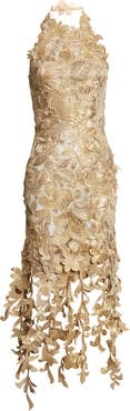 Oscar de la Renta Floral Metallic Corded Lace Halter Cocktail Dress
