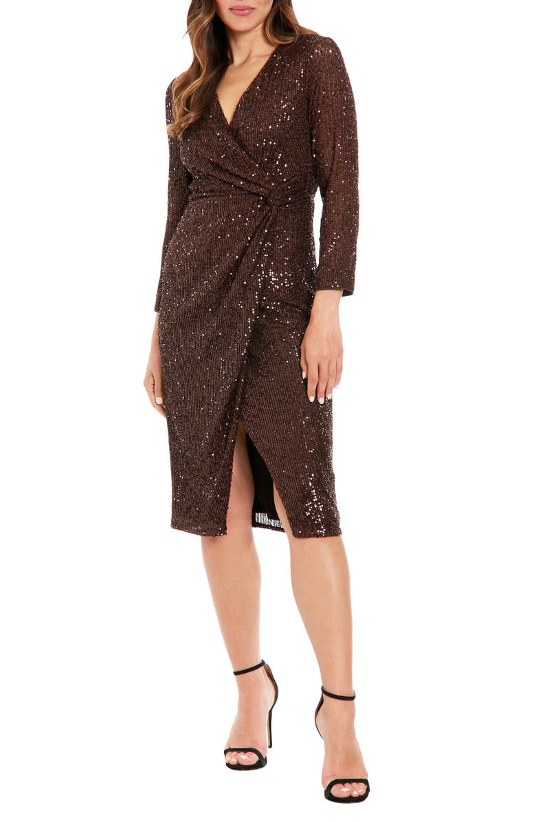 London Times Sequin Surplice V-Neck Wrap Dress, Main, color, Chocolate