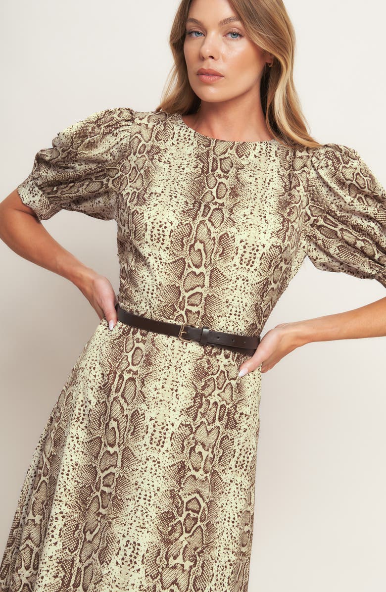 FLYING TOMATO Animal Print Puff Sleeve Midi Dress, Alternate, color, Taupe Brown