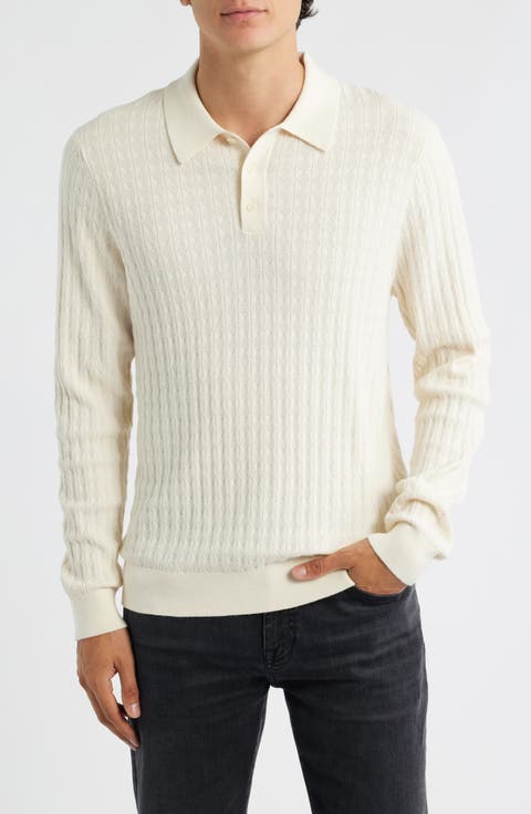 Oban Ecru Diamond Stripe Cotton & Cashmere Polo Sweater