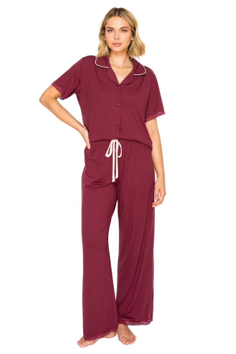 Yummy Jersey Notched Collar & Wide Leg Pants Set, Main, color, Ruby