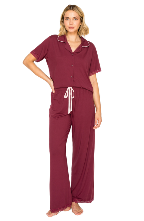 Yummy Jersey Notched Collar & Wide Leg Pants Set