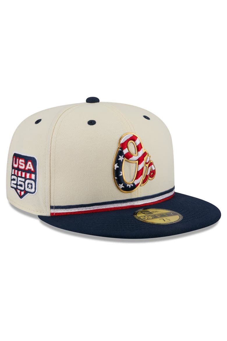 Men's New Era Cream/Navy Baltimore Orioles USA 250 Fourth of July 59FIFTY Fitted Hat, Main, color, Cream