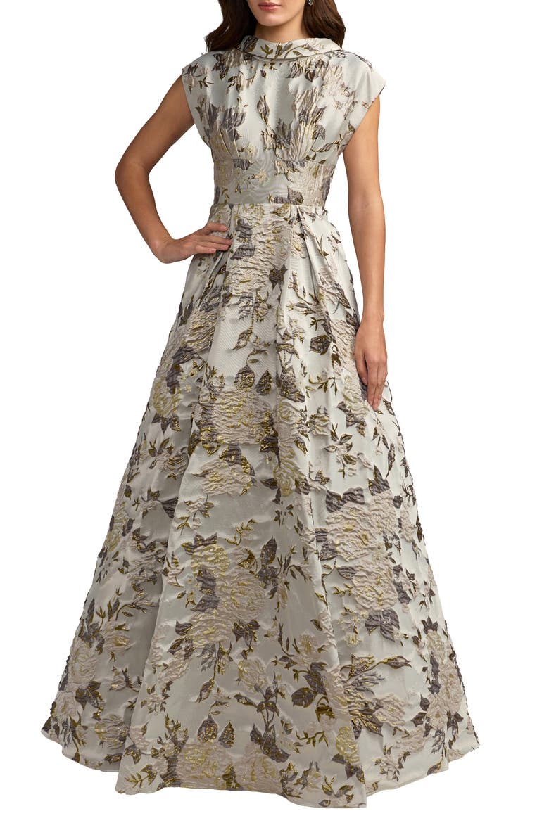 Floral Mock Neck Brocade Cap Sleeve Ball Gown, Main, color, Platinum Multi
