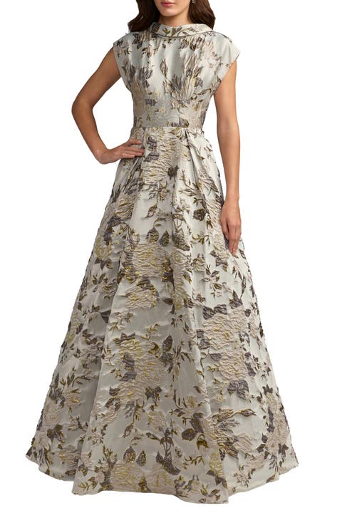 Floral Mock Neck Brocade Cap Sleeve Ball Gown