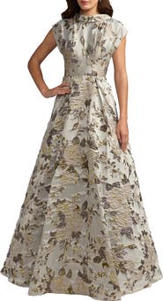 Mac Duggal Floral Mock Neck Brocade Cap Sleeve Ball Gown