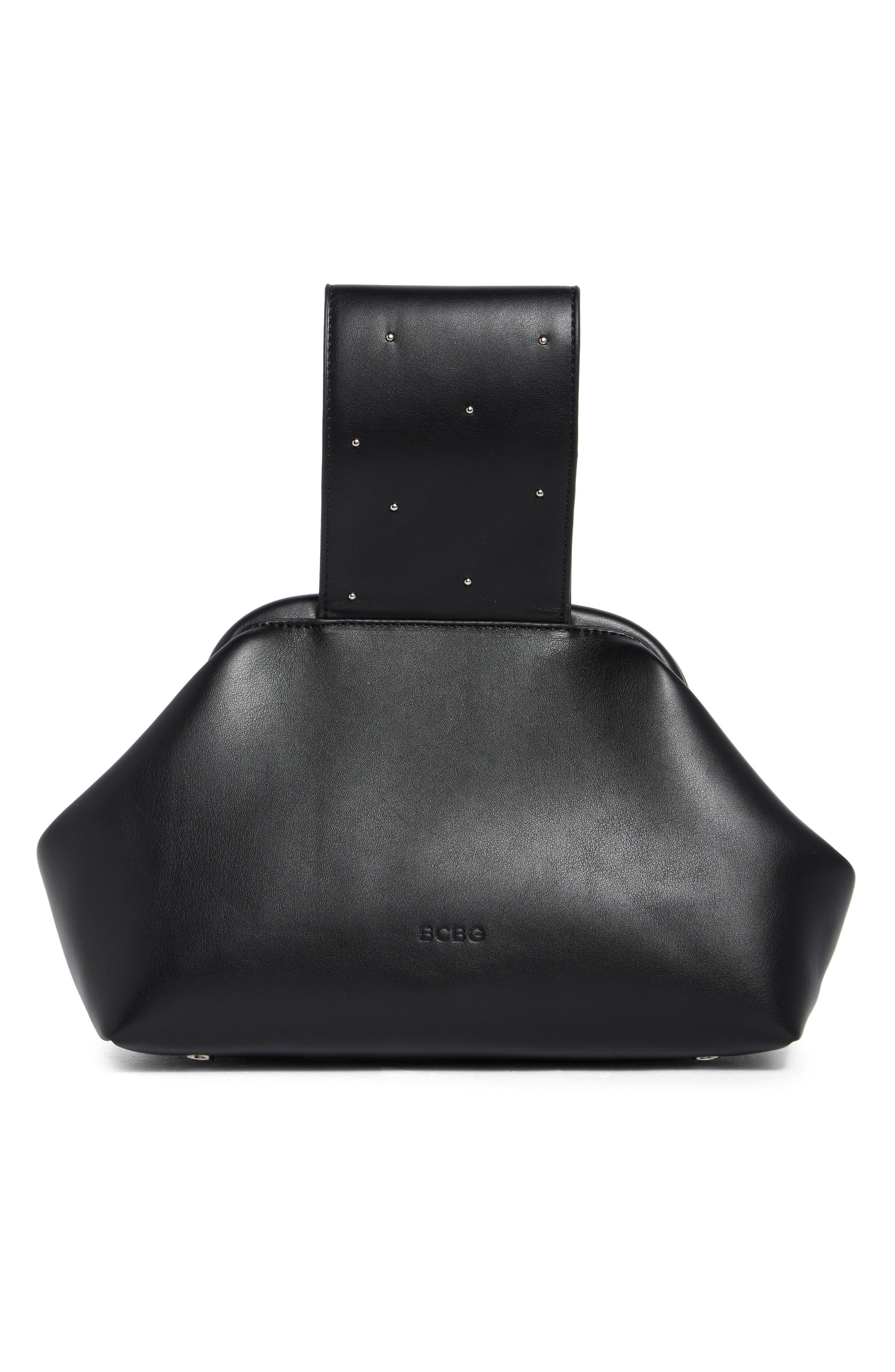Studded Handle Faux Leather Frame Clutch, Alternate, color, BLACK