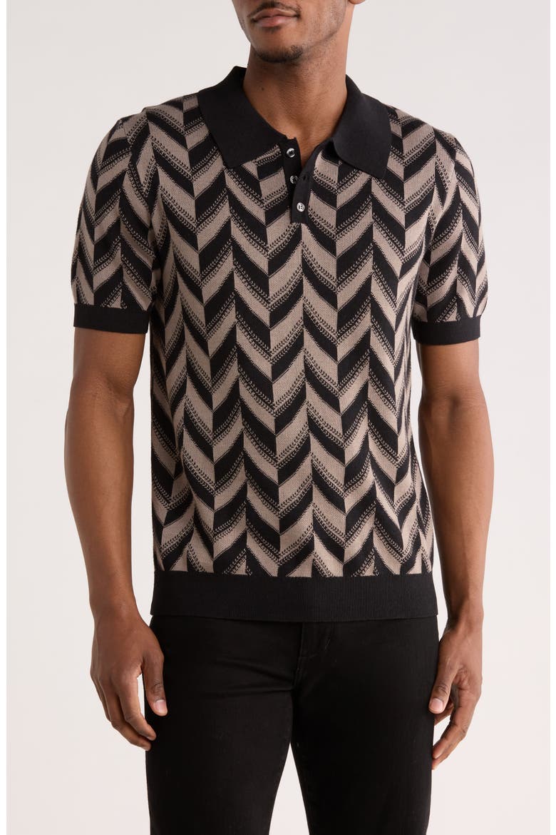 Chevron Silk & Cotton Polo, Main, color, BLACK/ SOFT TAUPE