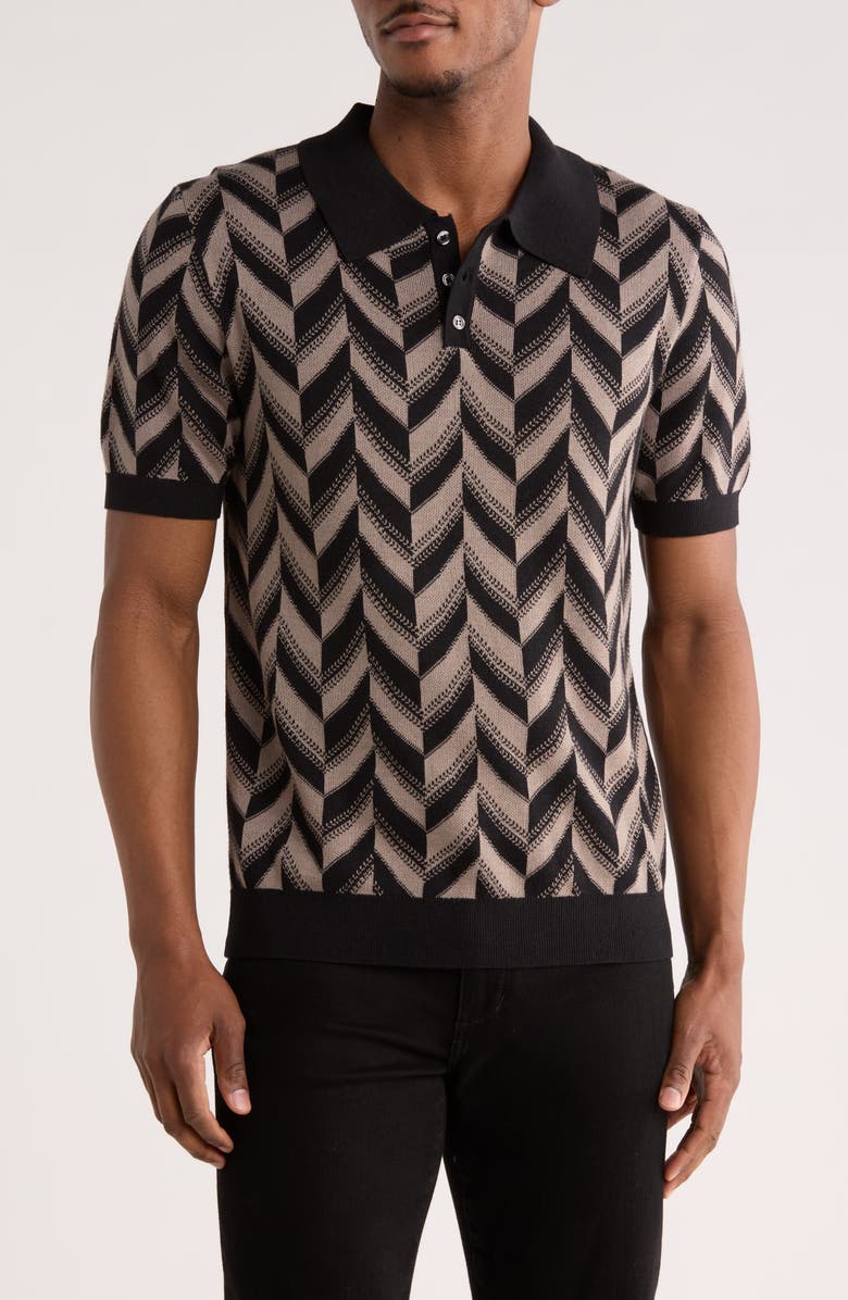 JASON WU Chevron Silk & Cotton Polo, Main, color, Black/ Soft Taupe