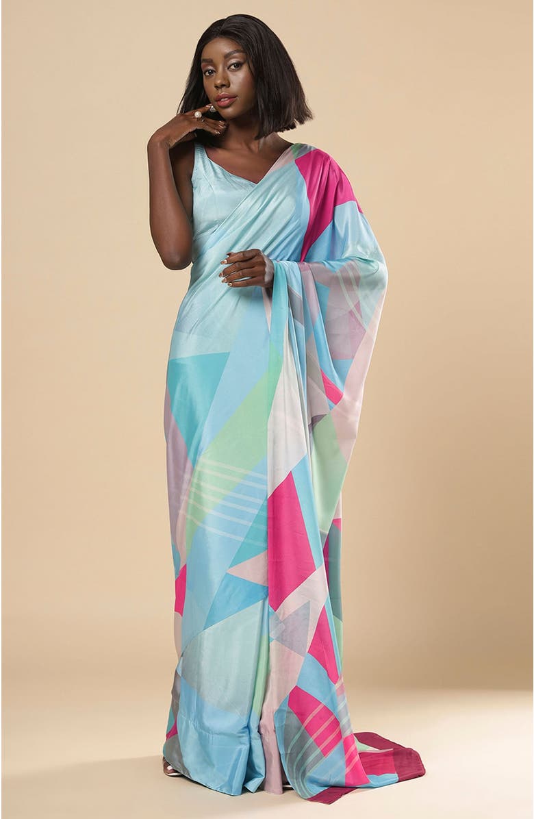One Minute Saree<sup>®</sup> Kriss Turquoise Abstract Crepe Ready to wear One Minute Saree, Main, color, 