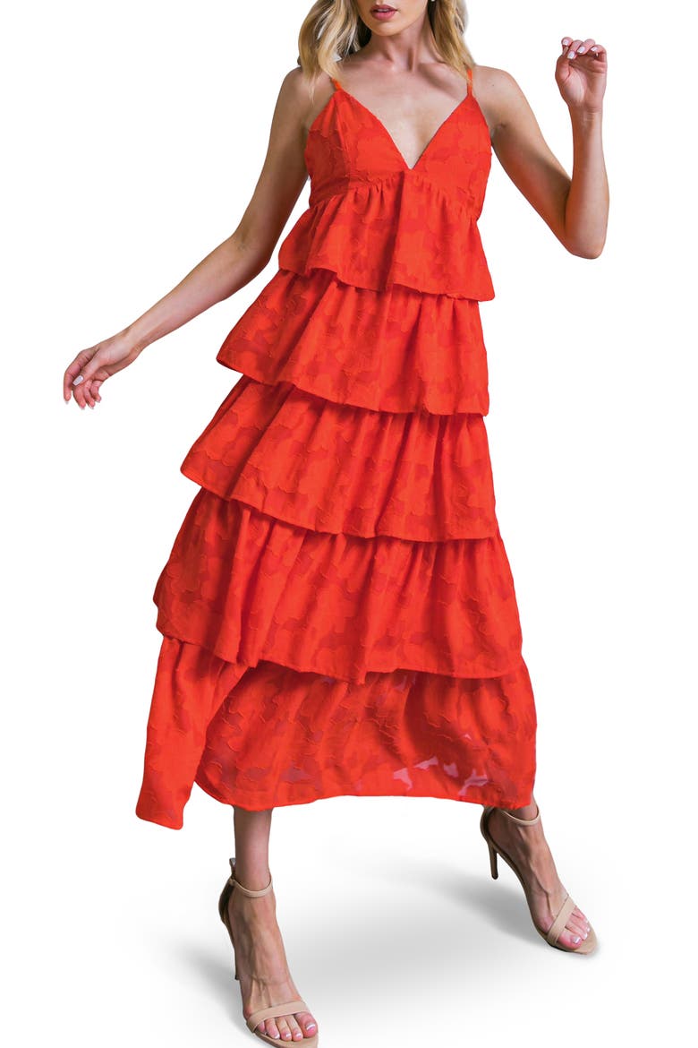 Tiered Midi Dress, Main, color, TOMATO RED