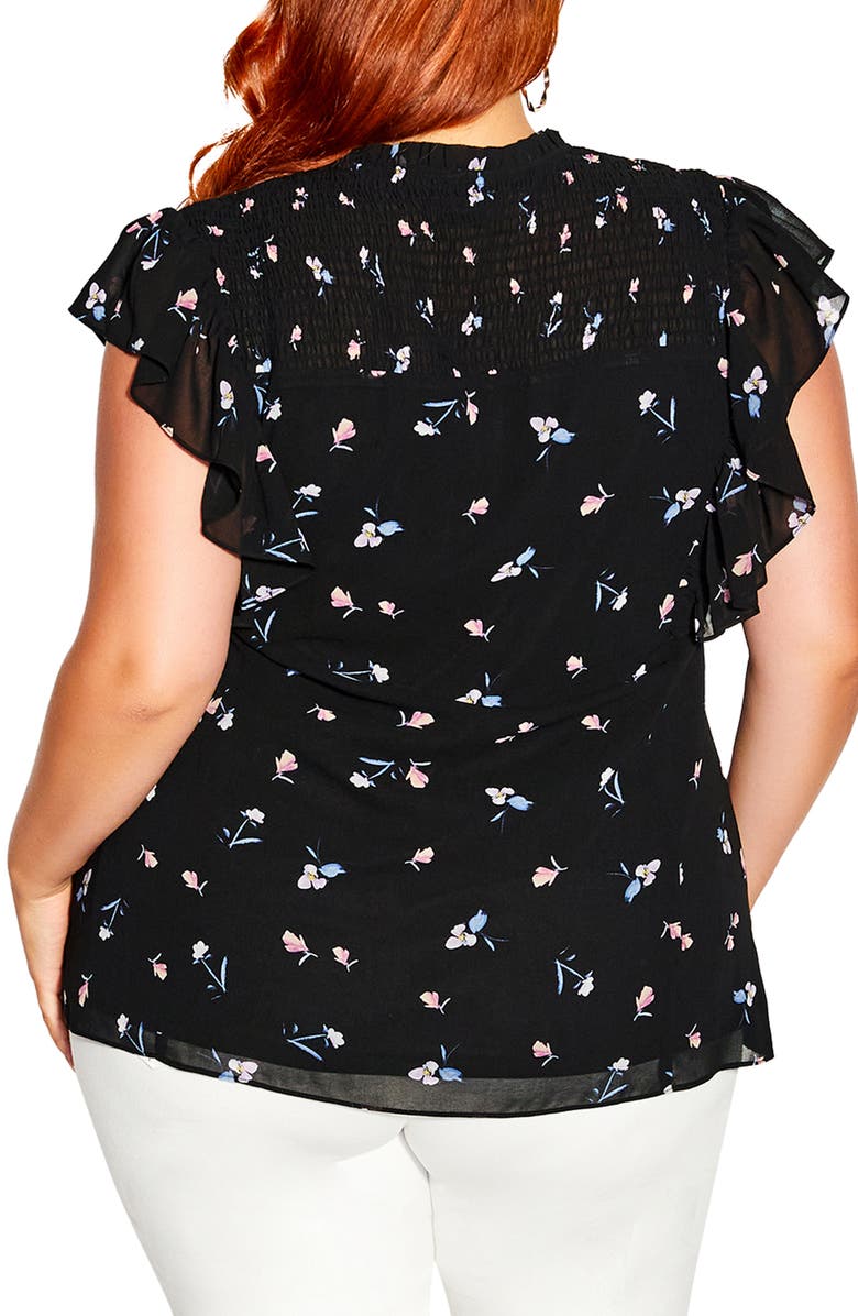 City Chic Elena Floral Smocked Blouse, Alternate, color, Black Blushing Petal
