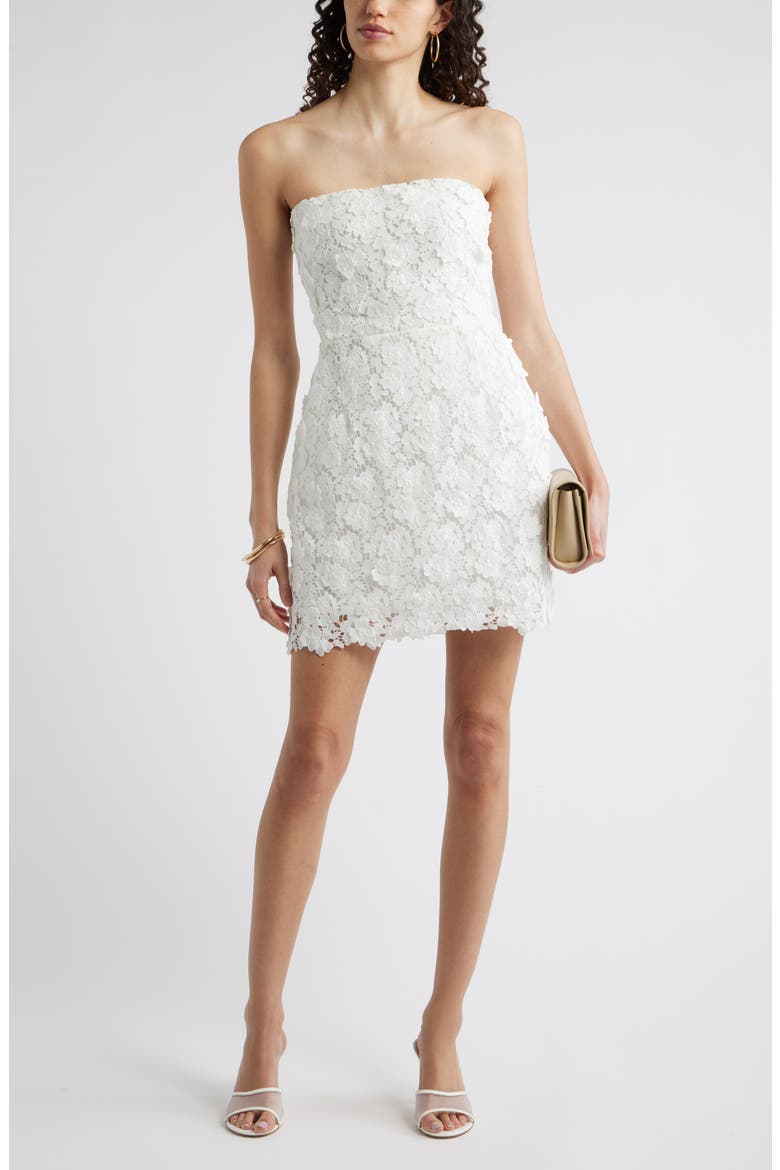 Floral Appliqué Strapless Lace Minidress, Alternate, color, WHITE