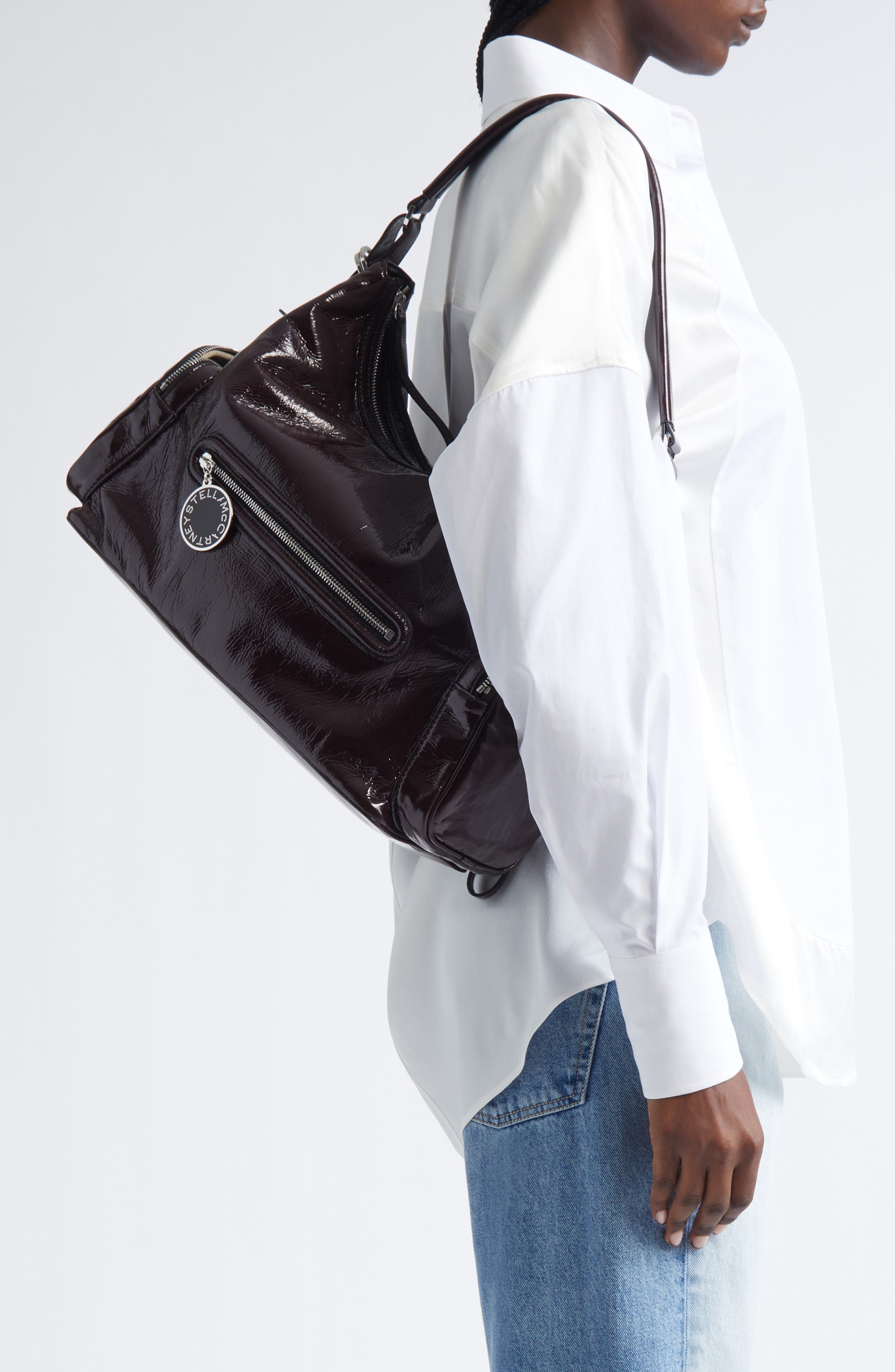 Stella McCartney Dartmoor Crinkled Patent Faux Leather Shoulder Bag, Alternate, color, Shiraz