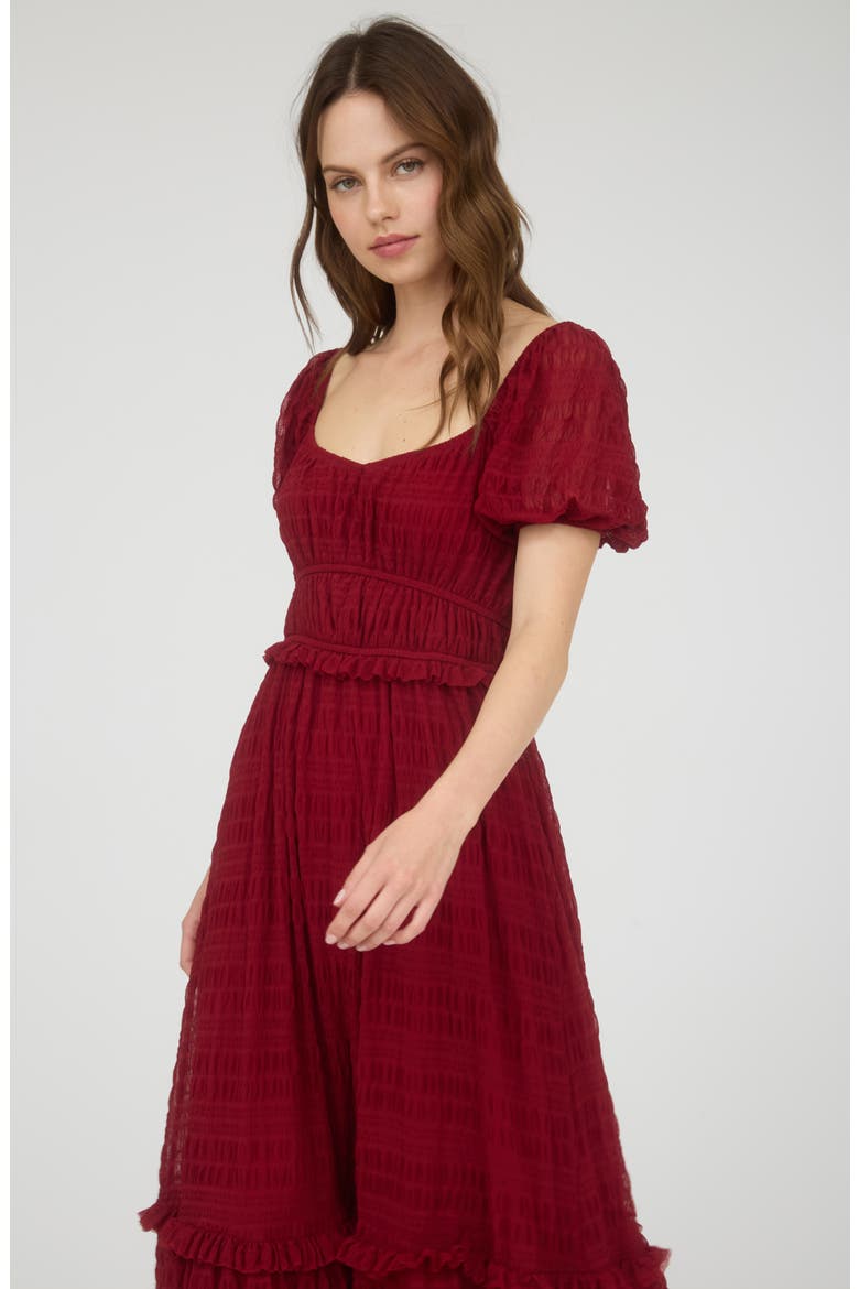 Puff Sleeve Tiered Midi Dress, Alternate, color, DEEP RED