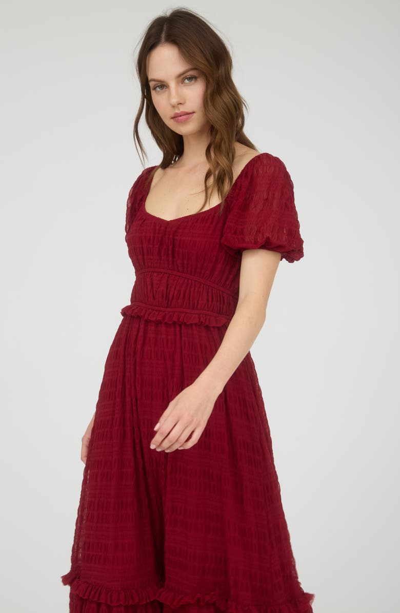 AUGUST SKY Puff Sleeve Tiered Midi Dress, Alternate, color, Deep Red