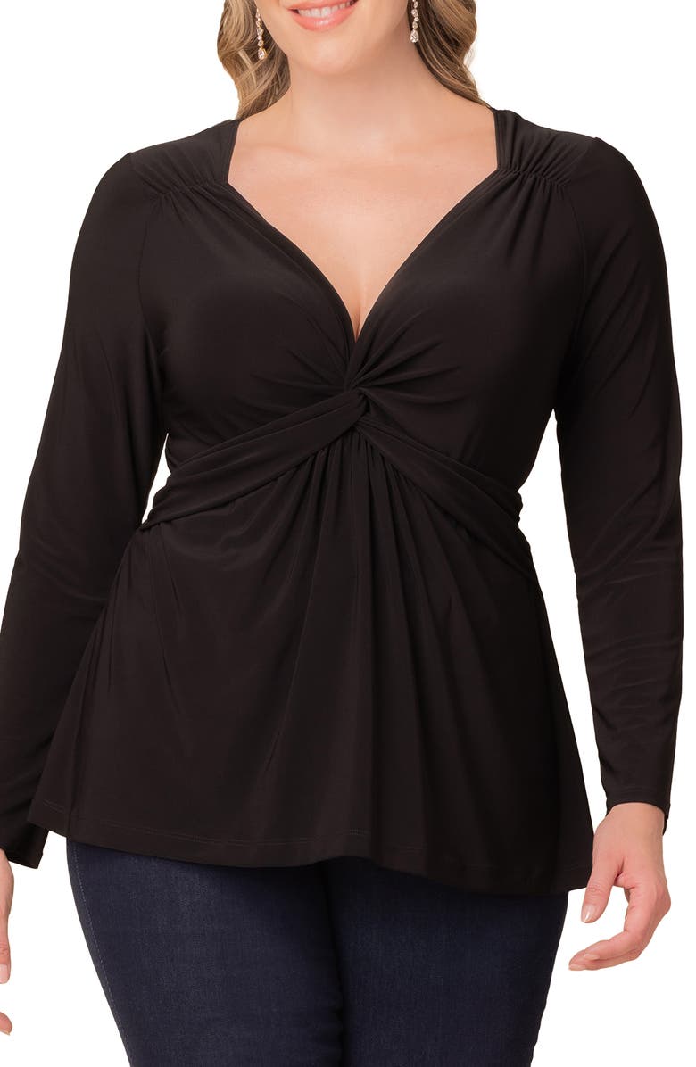 Kiyonna Abigail Long Sleeve Twist Front Top, Alternate, color, Black Noir